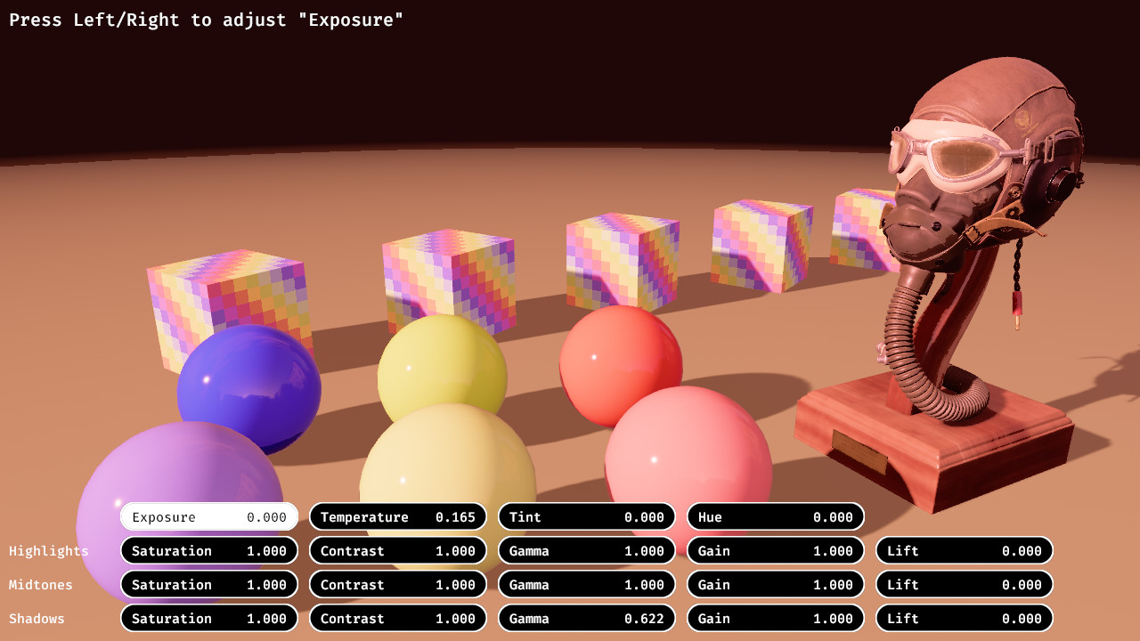 A very orange image of a test scene, with controls for exposure, temperature, tint and hue. Saturation, contrast, gamma, gain, and lift can all be configured for the highlights, midtones, and shadows separately.